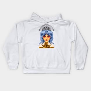 Blue-haired girl with medieval window Kids Hoodie